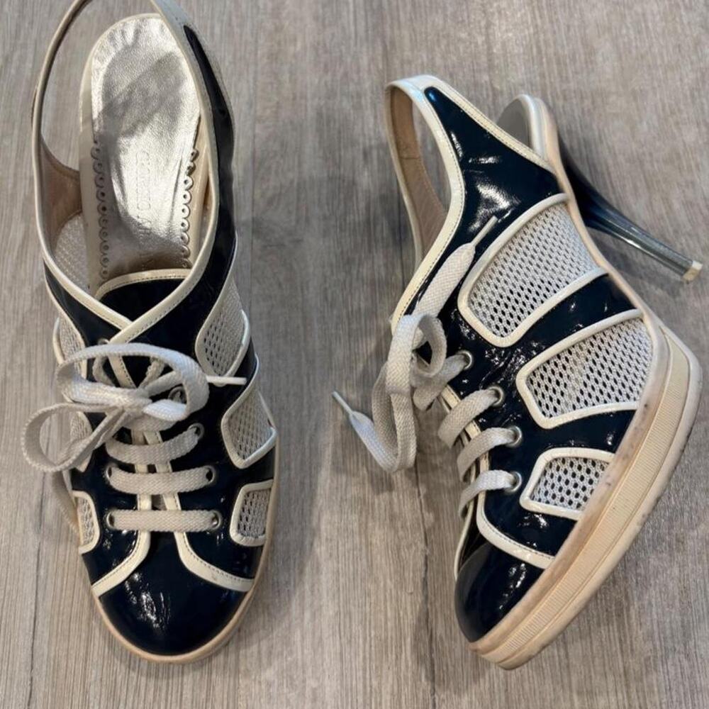 Giorgio Armani blue Patent Leather and Mesh Sneaker Slingback Heels. Size 37